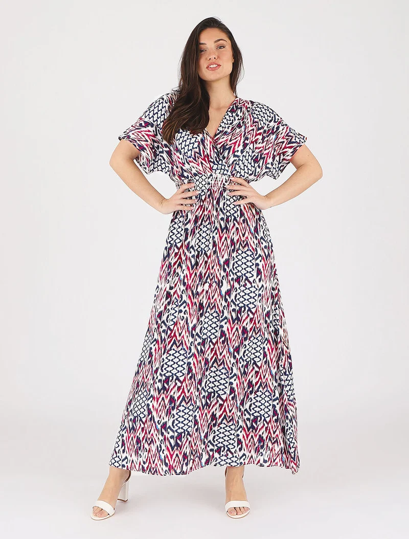 Langes Kleid mit kurzen Ärmeln und grafischem Druck - Marine