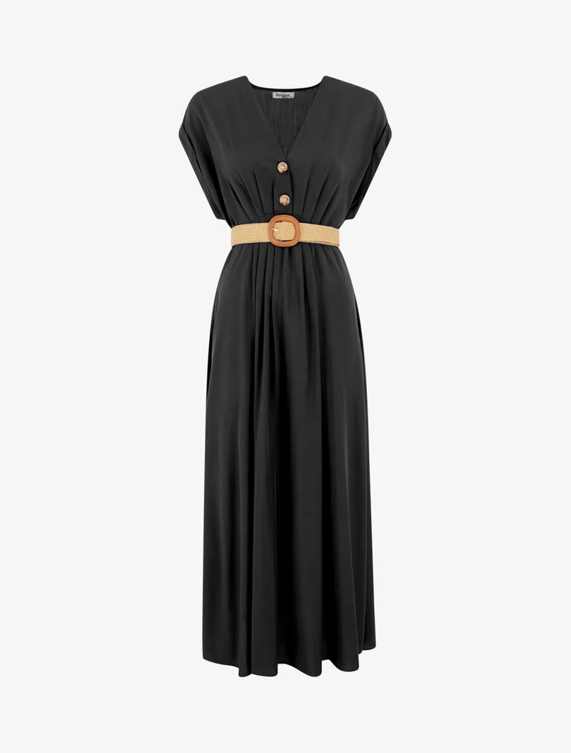 Langes unifarbenes elastisches Kleid - Schwarz