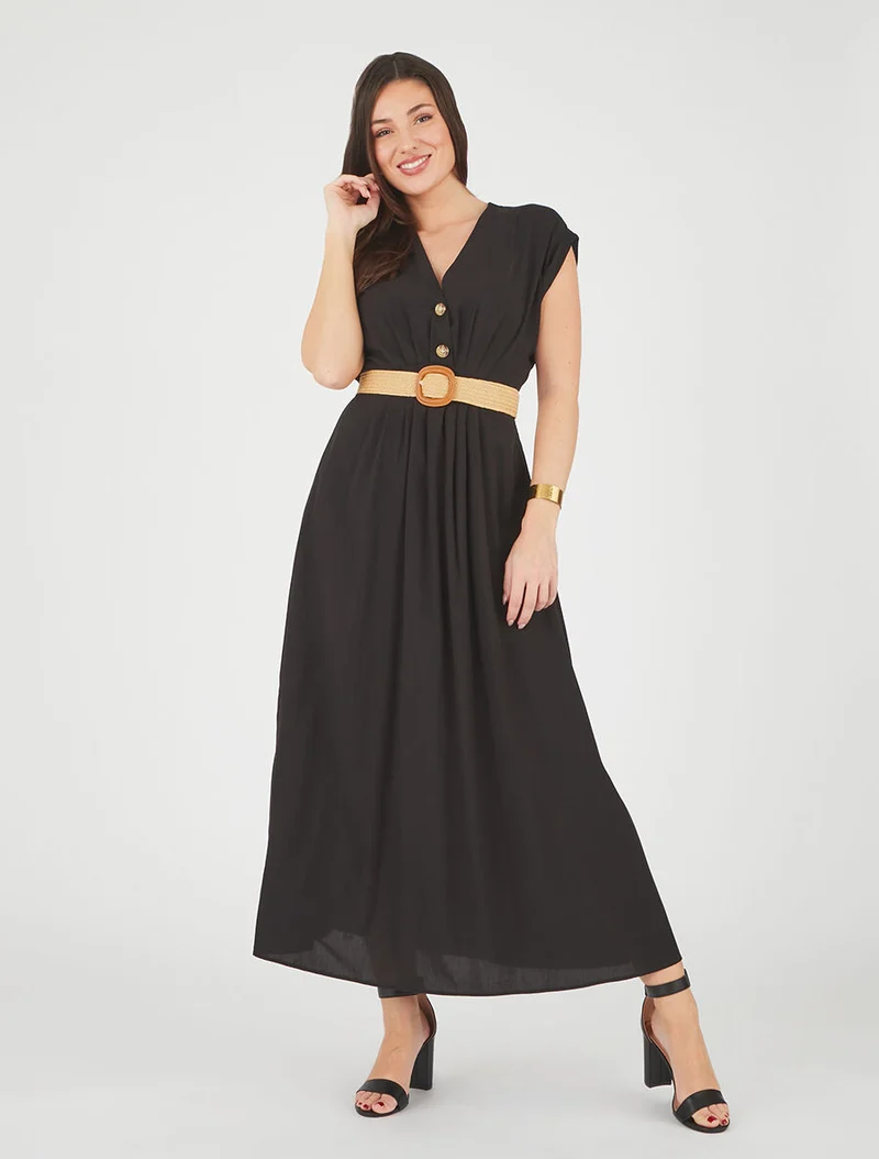 Langes unifarbenes elastisches Kleid - Schwarz