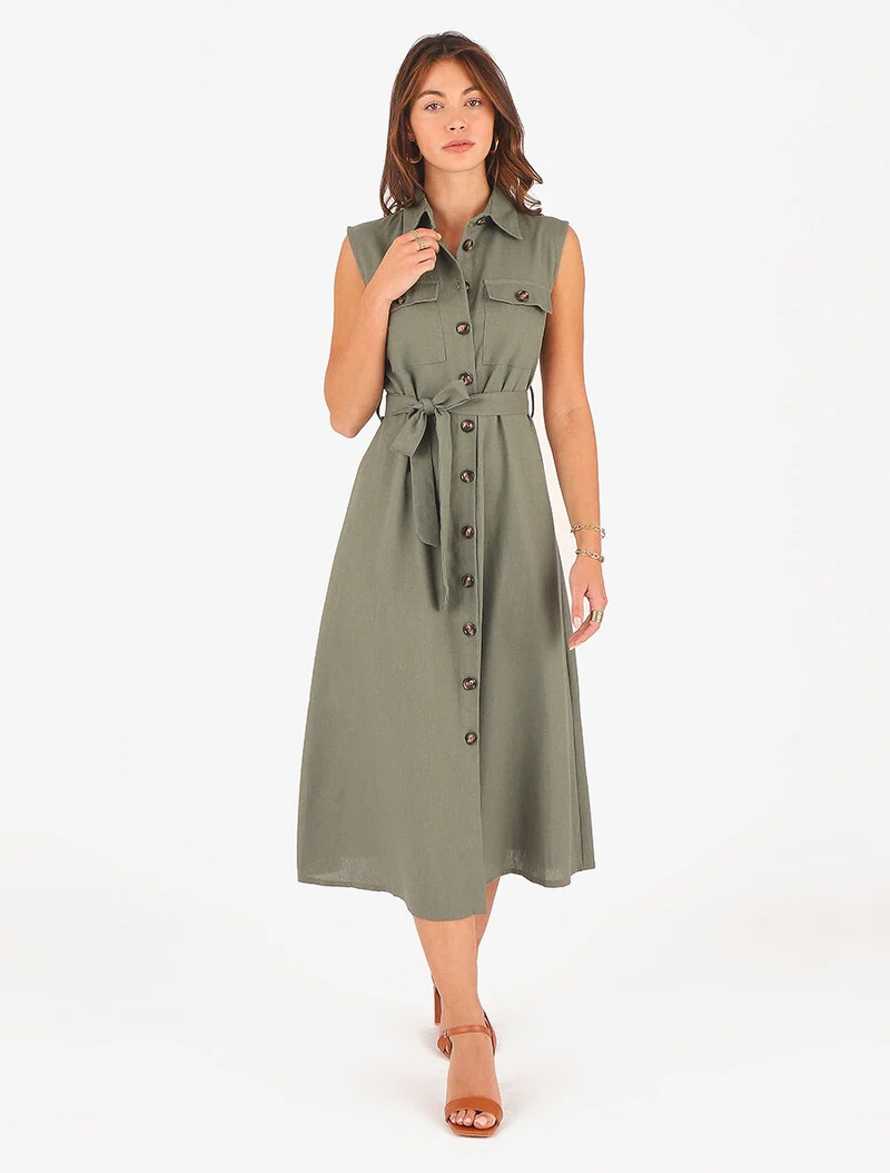 Ausgestelltes Kleid mit Knöpfen und Taschen - Kaki