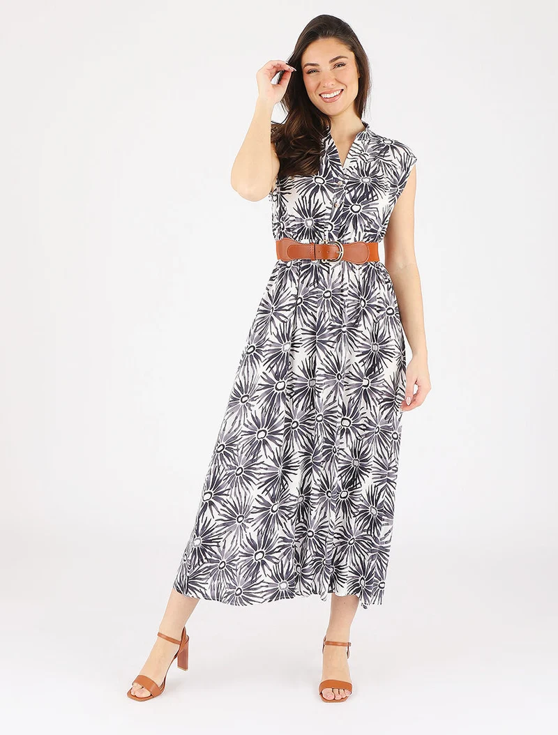 Ausgestelltes Kleid mit Knopfleiste und Blumenmuster - Schwarz