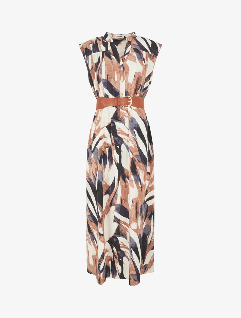 Ausgestelltes Kleid mit abstraktem Print und Knöpfen - Marine