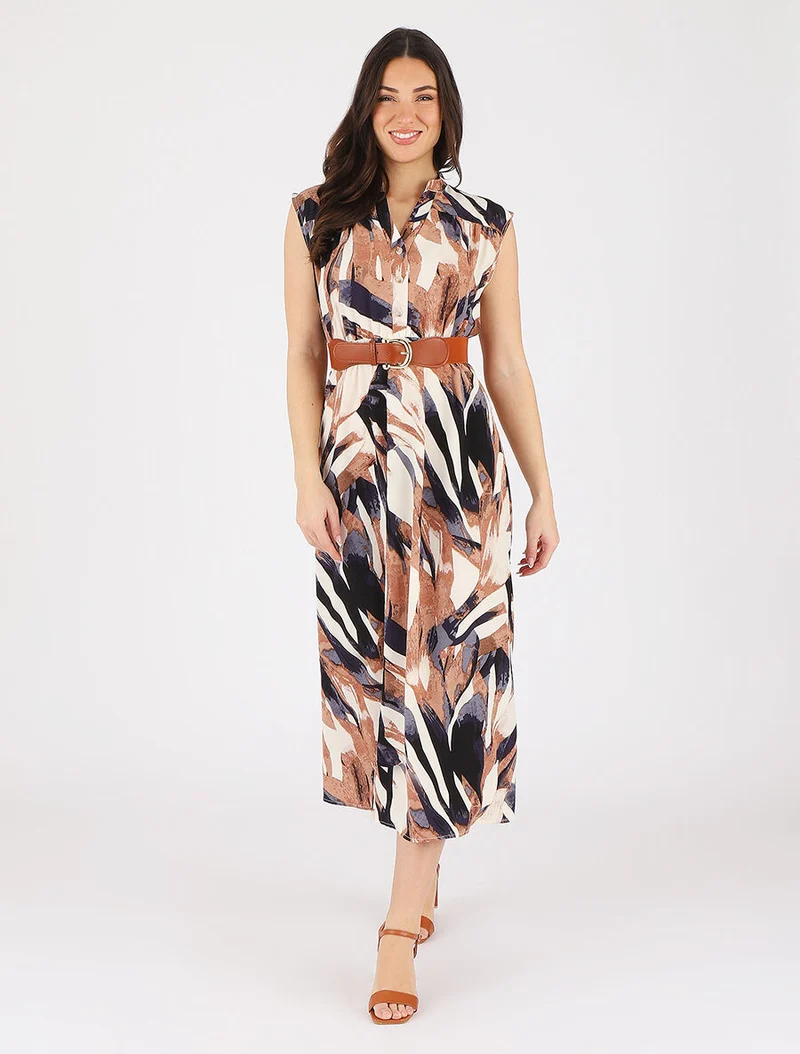 Ausgestelltes Kleid mit abstraktem Print und Knöpfen - Marine