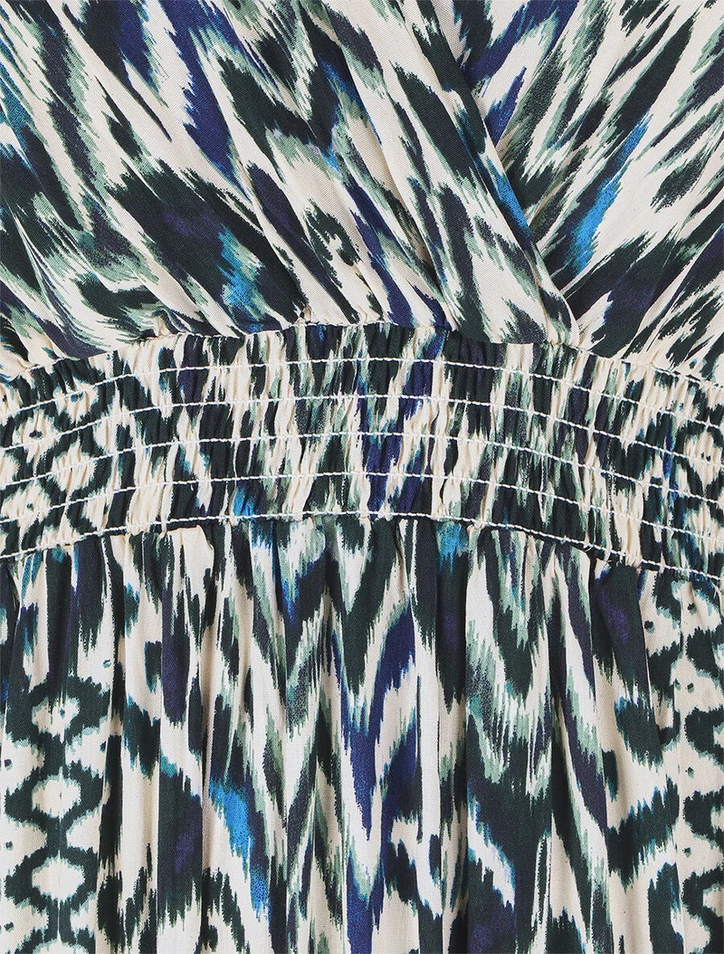 Langes Kleid mit kurzen Ärmeln und grafischem Druck - Grün