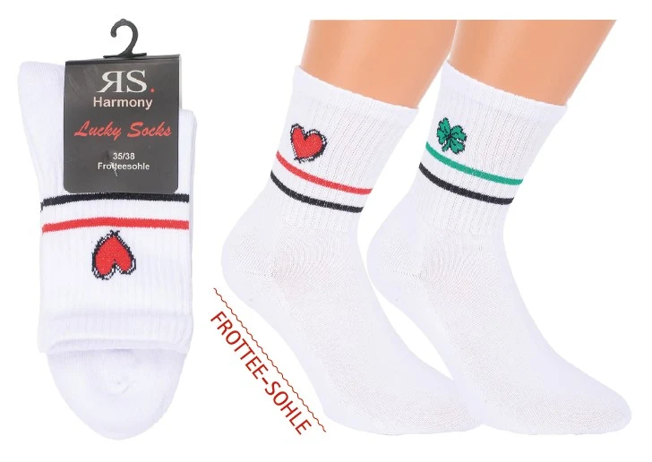 Tennissocken mit Motiv Herz und Kleeblatt Frottee Sohle LUCKY SOCKS 2 | 4 Paar