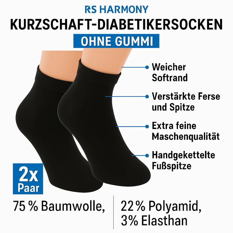 Diabetiker Kurzstrümpfe ohne Gummi extrem dehnfähig aus Baumwolle schwarz