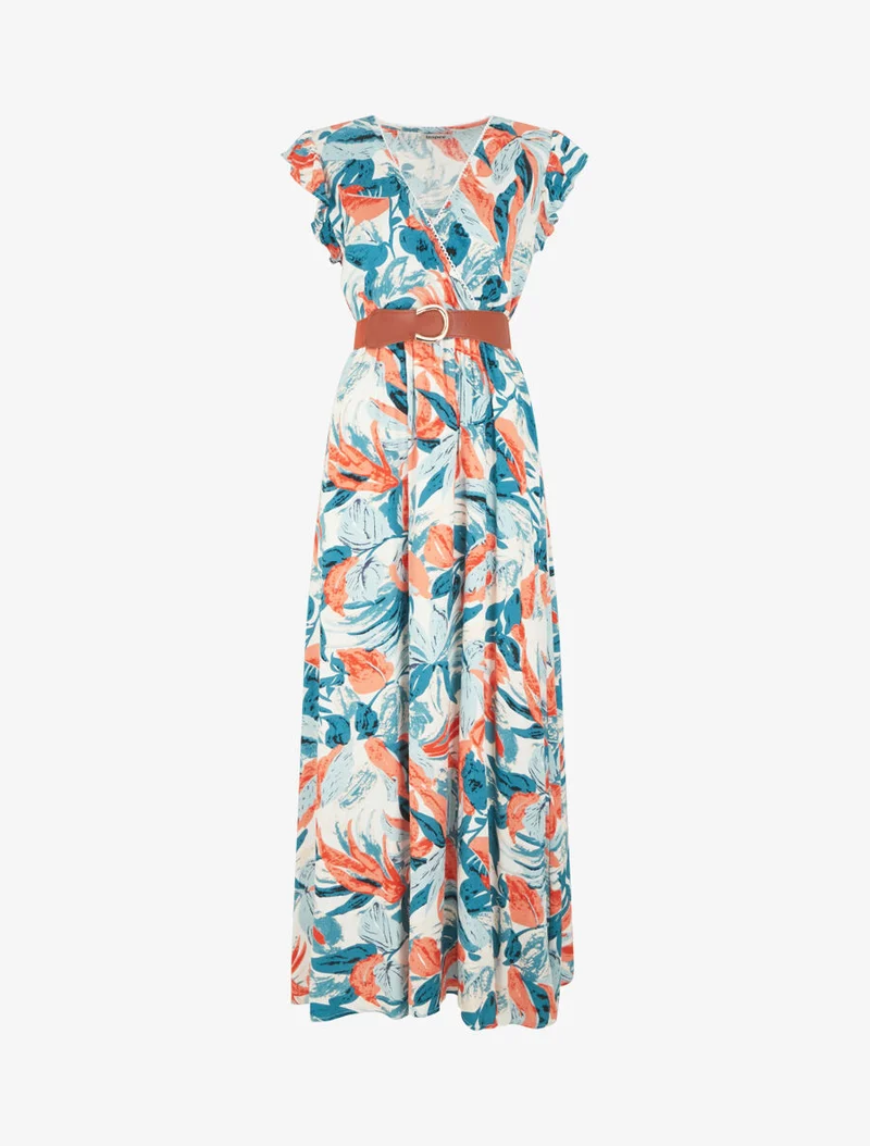 Wickelkleid mit Blätterdruck und Cache-Coeur-Kragen. - Weiß