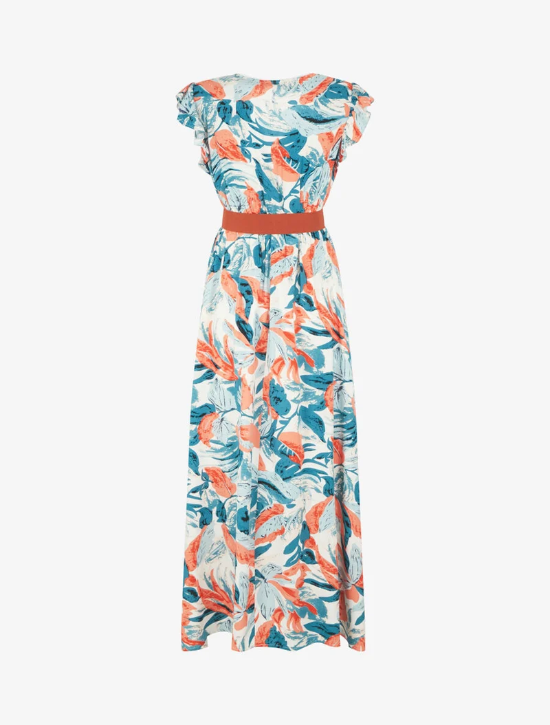 Wickelkleid mit Blätterdruck und Cache-Coeur-Kragen. - Weiß