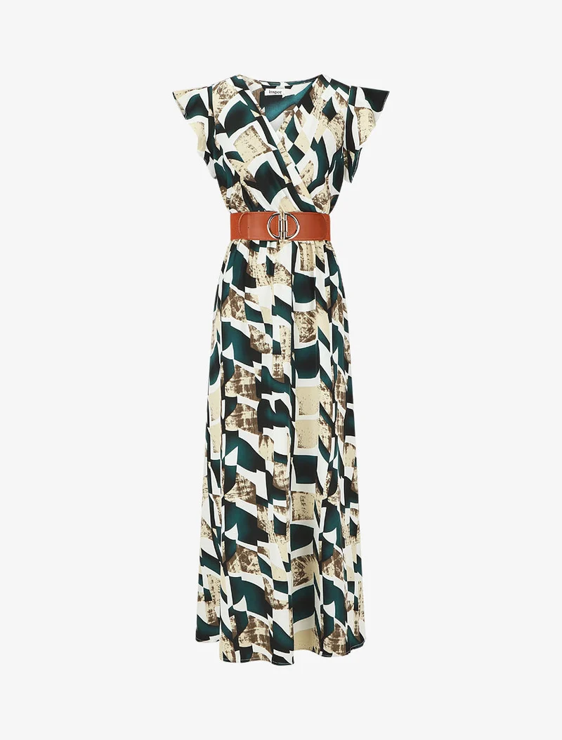 Grafikdruck-Kleid mit kurzen, gerüschten Ärmeln - Grün