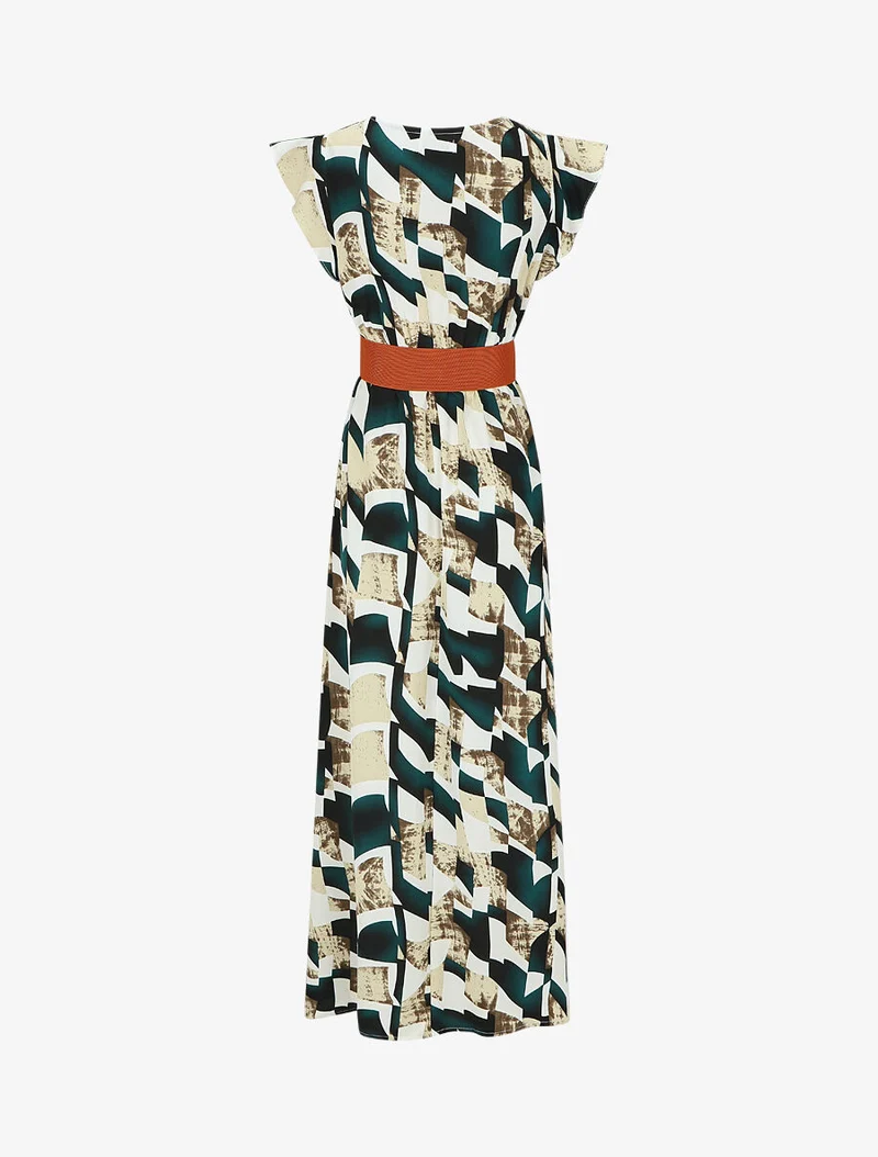 Grafikdruck-Kleid mit kurzen, gerüschten Ärmeln - Grün