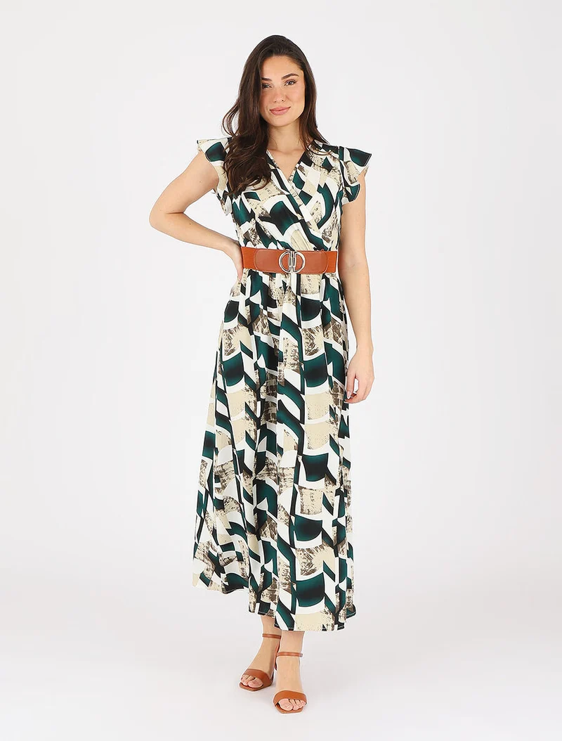 Grafikdruck-Kleid mit kurzen, gerüschten Ärmeln - Grün