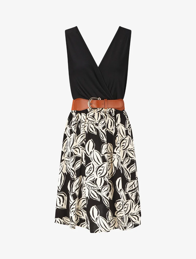 Ärmelloses, mittellanges Kleid mit Pflanzenmuster - Schwarz