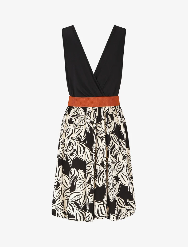 Ärmelloses, mittellanges Kleid mit Pflanzenmuster - Schwarz