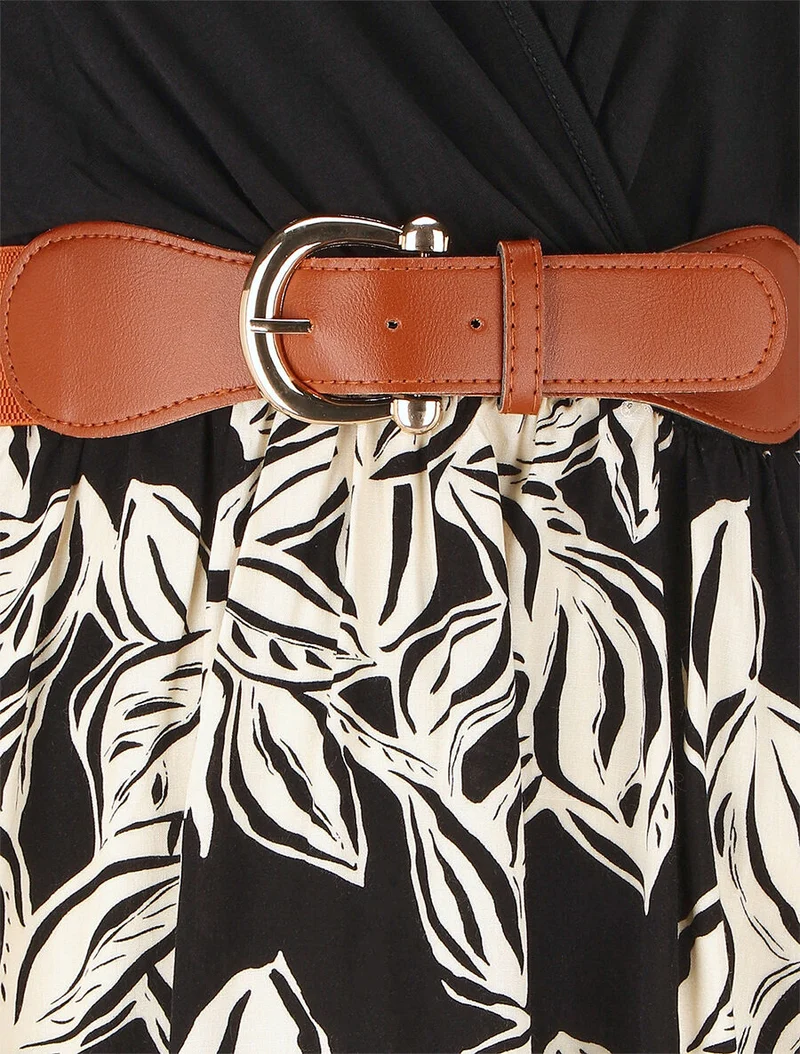 Ärmelloses, mittellanges Kleid mit Pflanzenmuster - Schwarz
