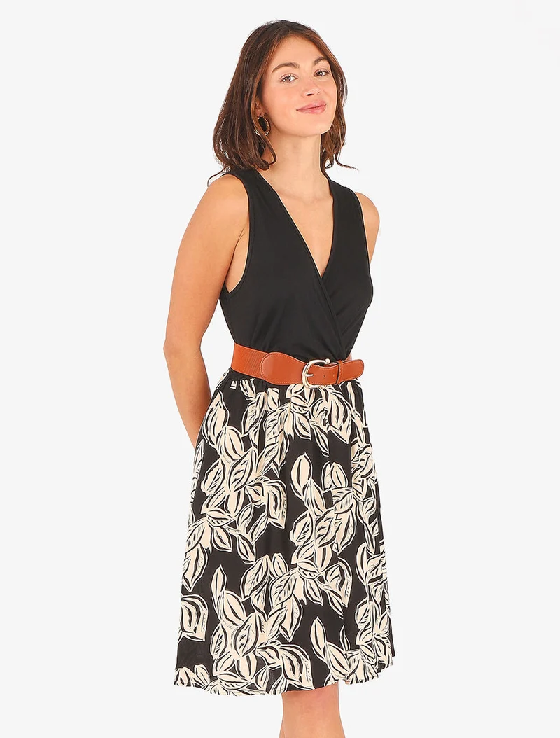 Ärmelloses, mittellanges Kleid mit Pflanzenmuster - Schwarz