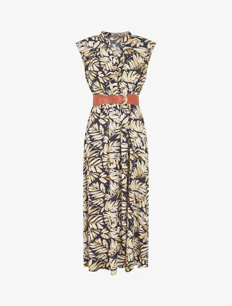 Ausgestelltes Kleid mit pflanzlichem Druck und Knöpfen - Marine