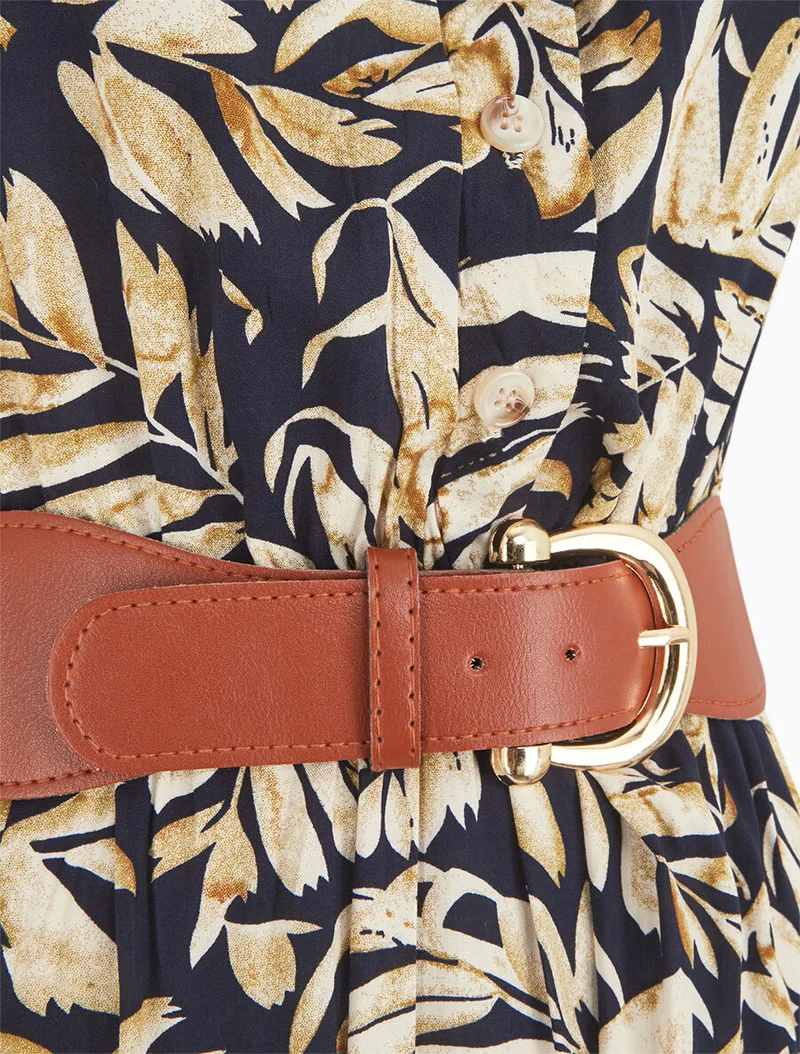Ausgestelltes Kleid mit pflanzlichem Druck und Knöpfen - Marine
