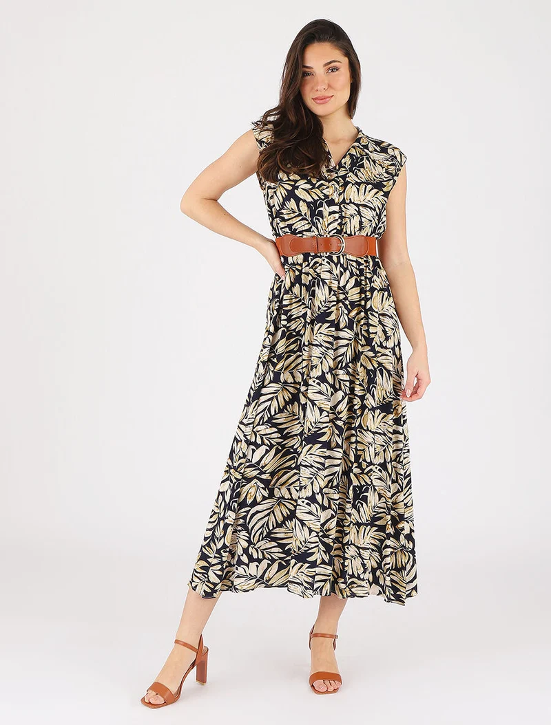 Ausgestelltes Kleid mit pflanzlichem Druck und Knöpfen - Marine