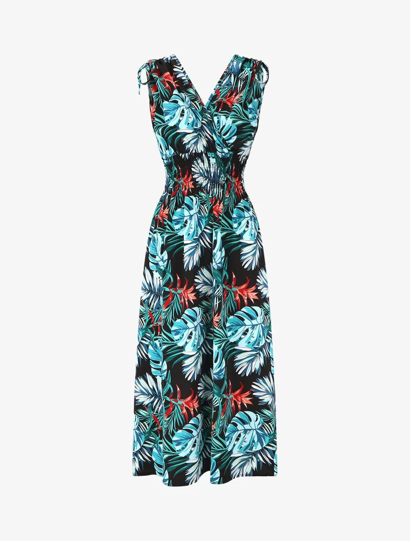 Langes Kleid mit tropischem Print und elastischem Bund - Blau