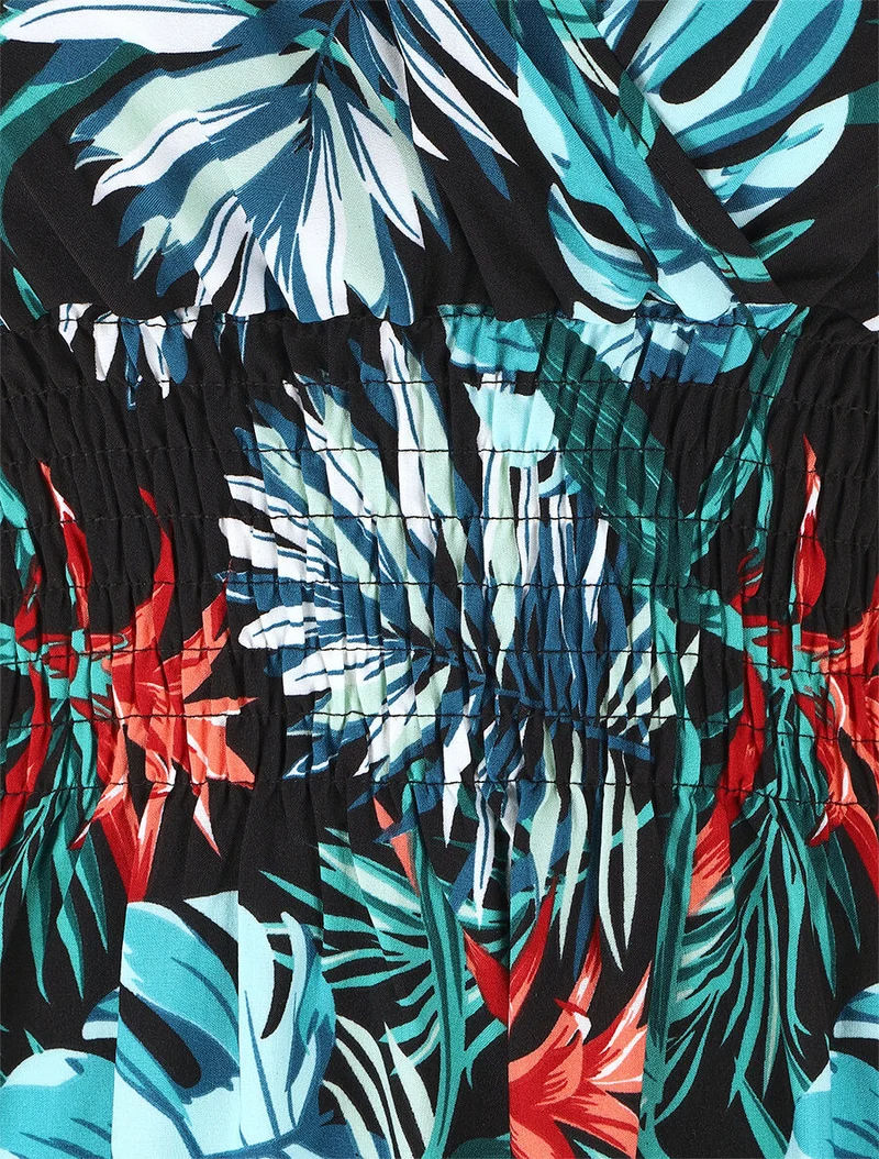 Langes Kleid mit tropischem Print und elastischem Bund - Blau