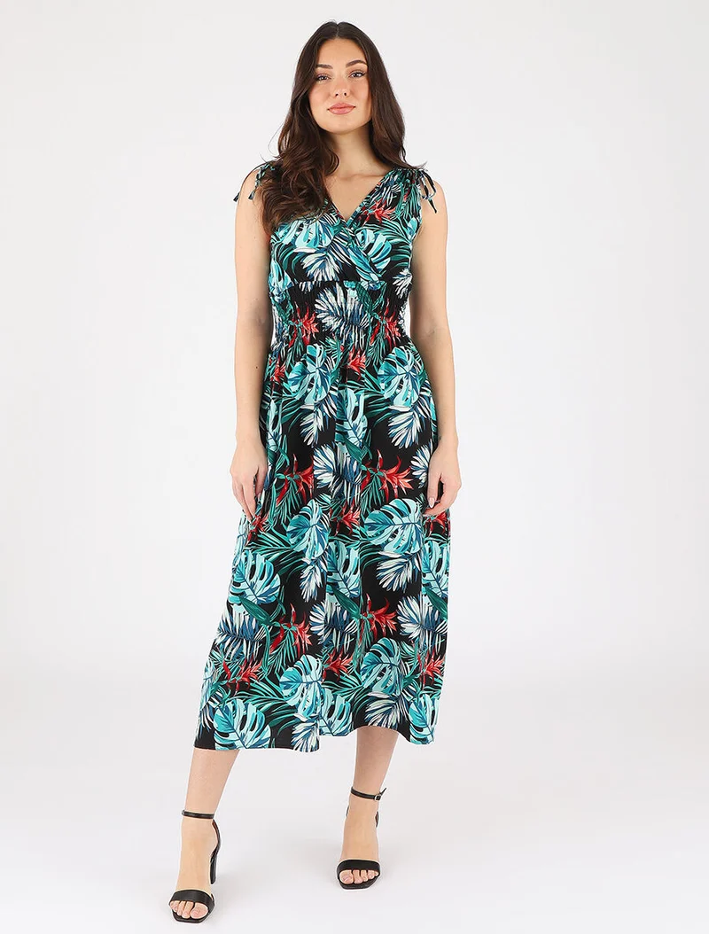 Langes Kleid mit tropischem Print und elastischem Bund - Blau
