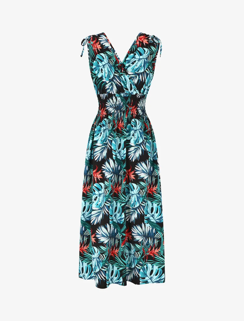 Langes Kleid mit tropischem Print und elastischem Bund - Blau