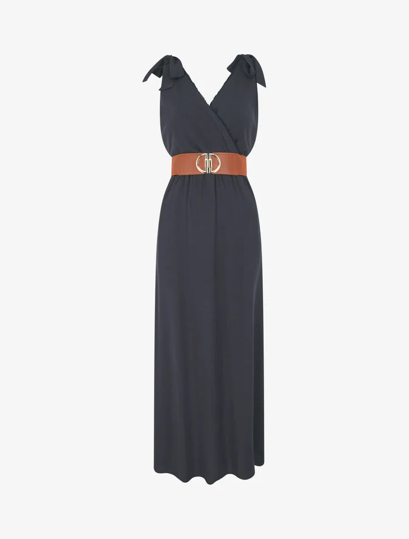 Langes Kleid mit Schleifen auf den Schultern - Marine