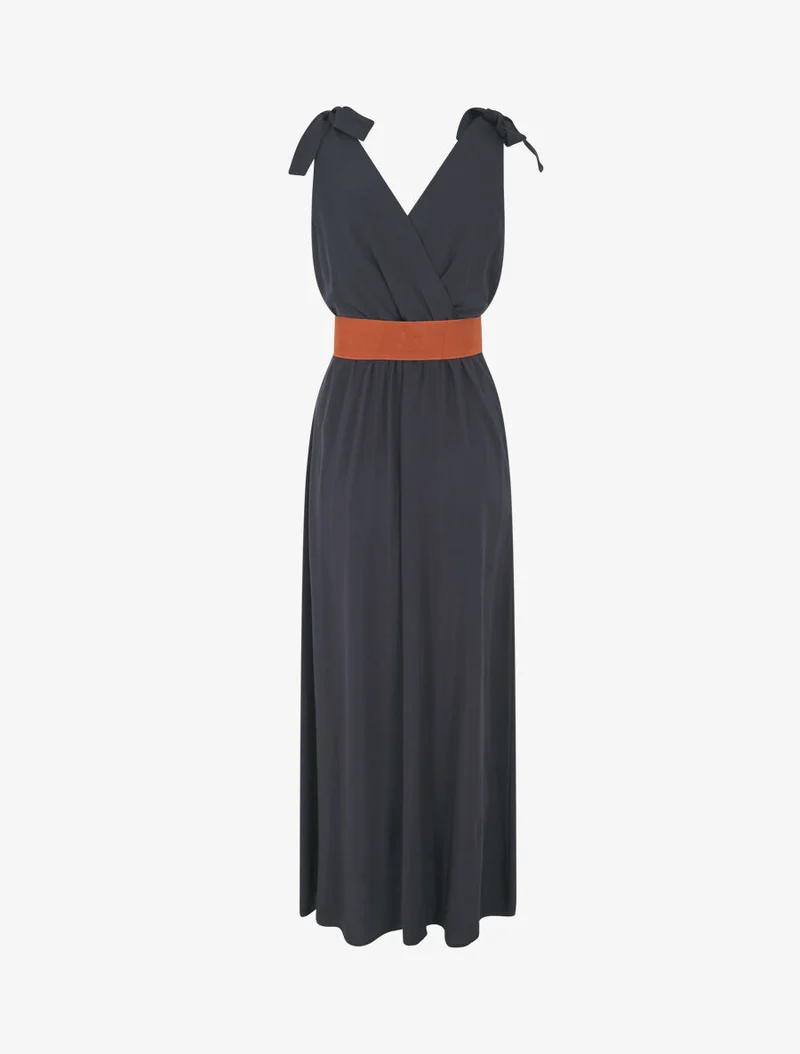 Langes Kleid mit Schleifen auf den Schultern - Marine