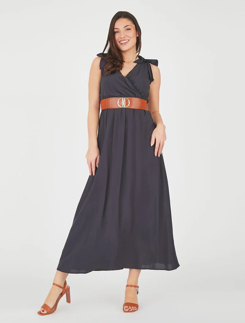Langes Kleid mit Schleifen auf den Schultern - Marine