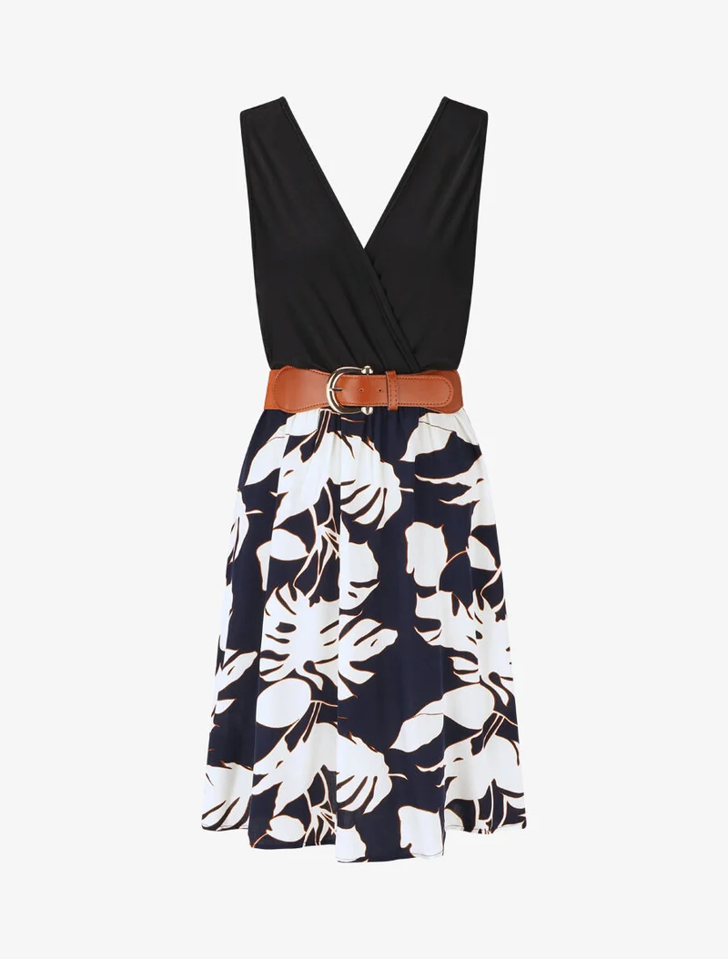 Ärmelloses, knielanges Kleid mit tropischem Print. - Marine