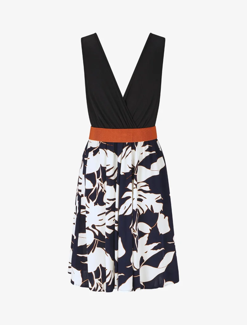 Ärmelloses, knielanges Kleid mit tropischem Print. - Marine