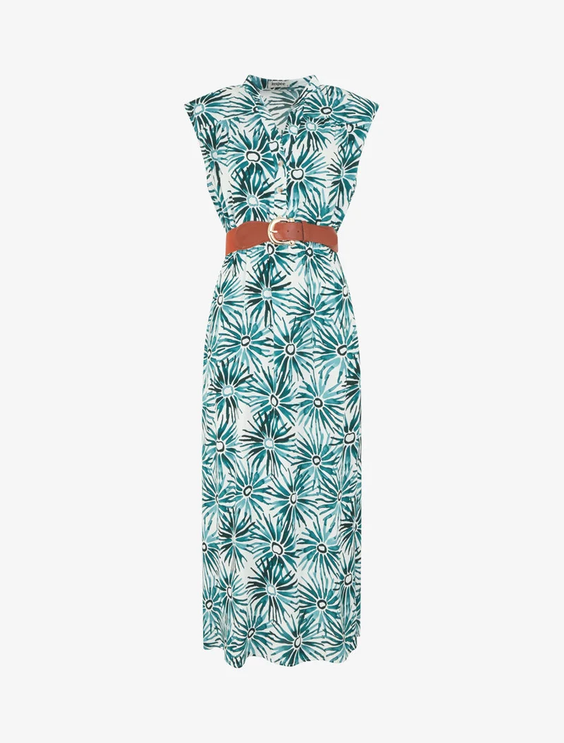 Ausgestelltes Kleid mit Knopfleiste und Blumenmuster - Grün
