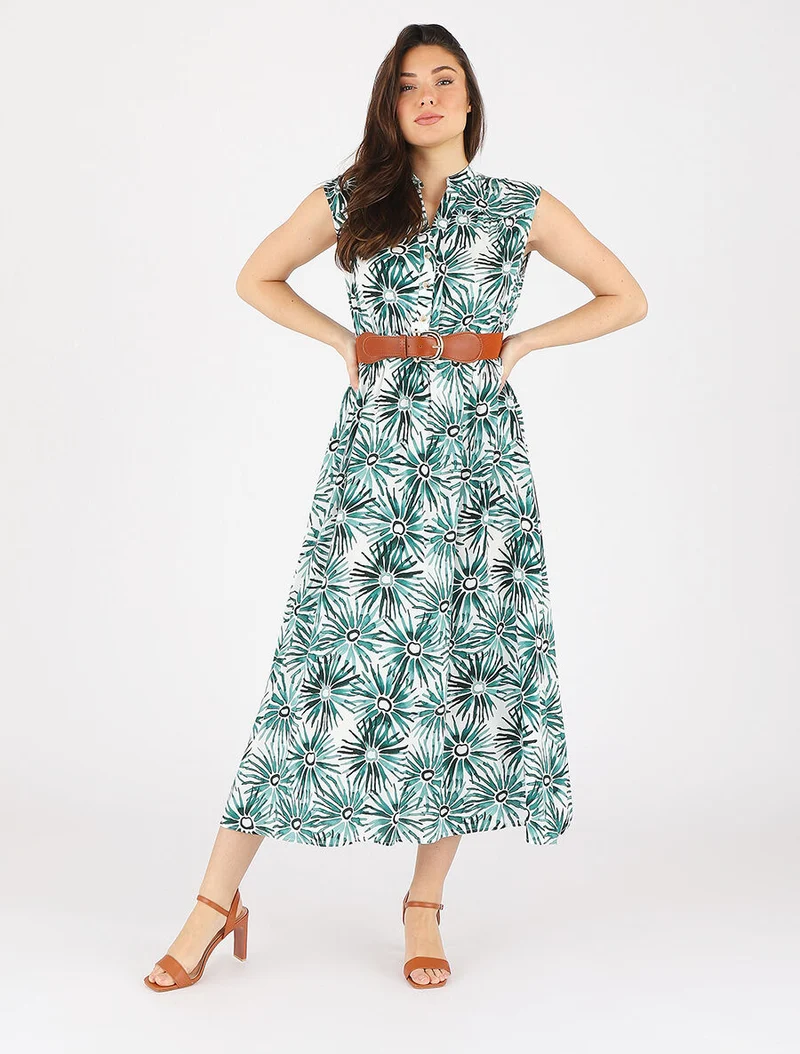 Ausgestelltes Kleid mit Knopfleiste und Blumenmuster - Grün