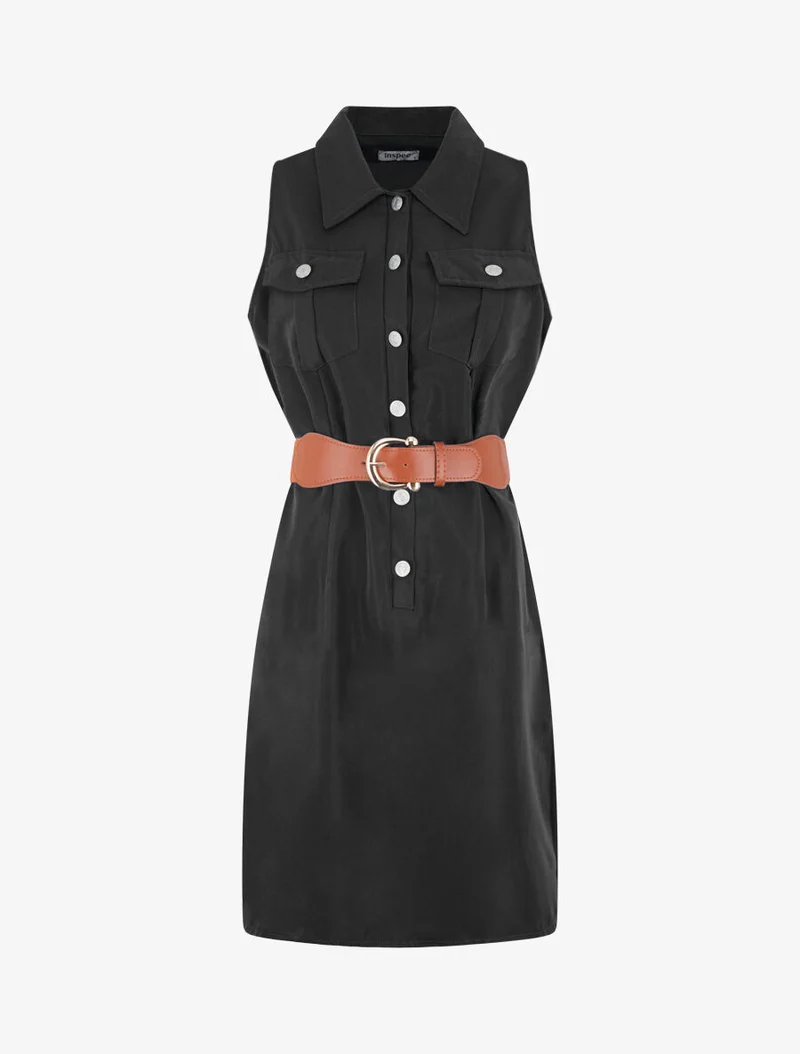 Ärmelloses Hemdkleid in einfarbigem Design - Schwarz