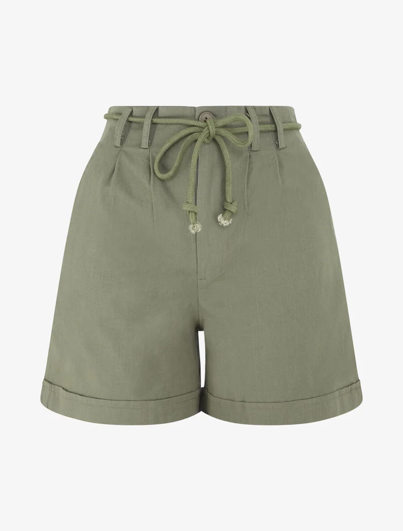 Kurze umgeschlagene Uni-Shorts in Leinenoptik - Kaki