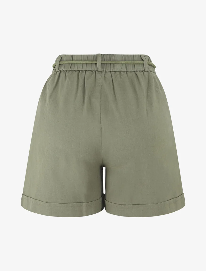 Kurze umgeschlagene Uni-Shorts in Leinenoptik - Kaki