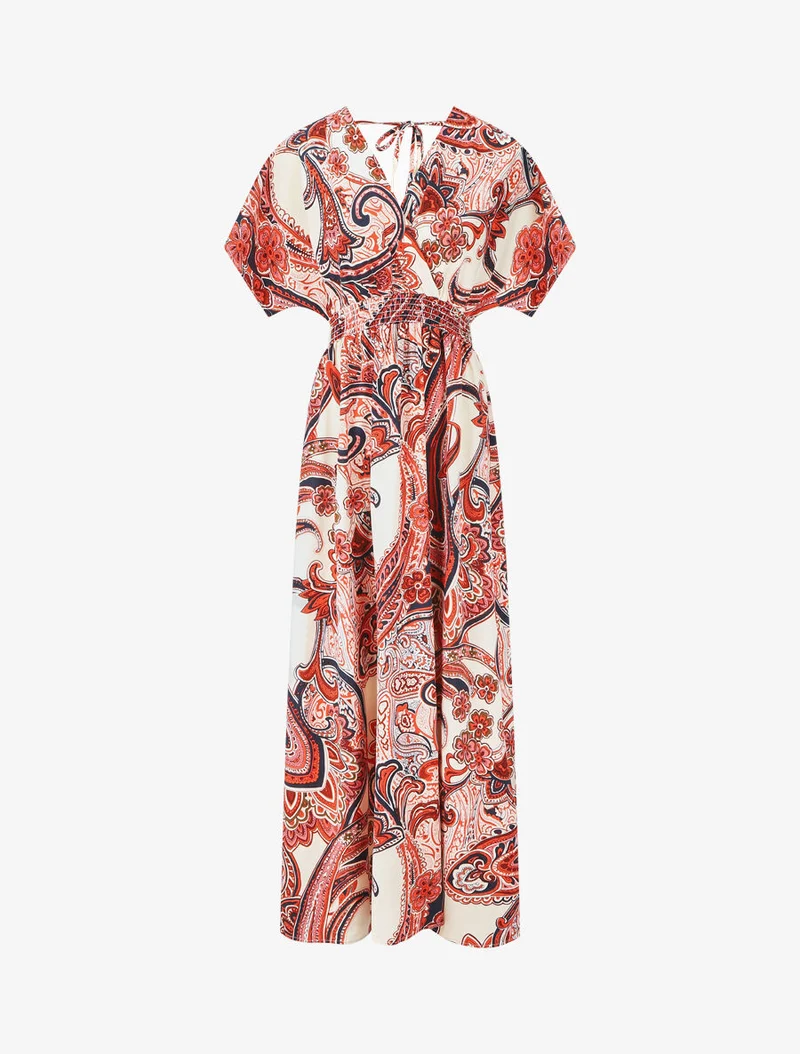 Langärmeliges Kleid mit Paisley-Muster. - Rot