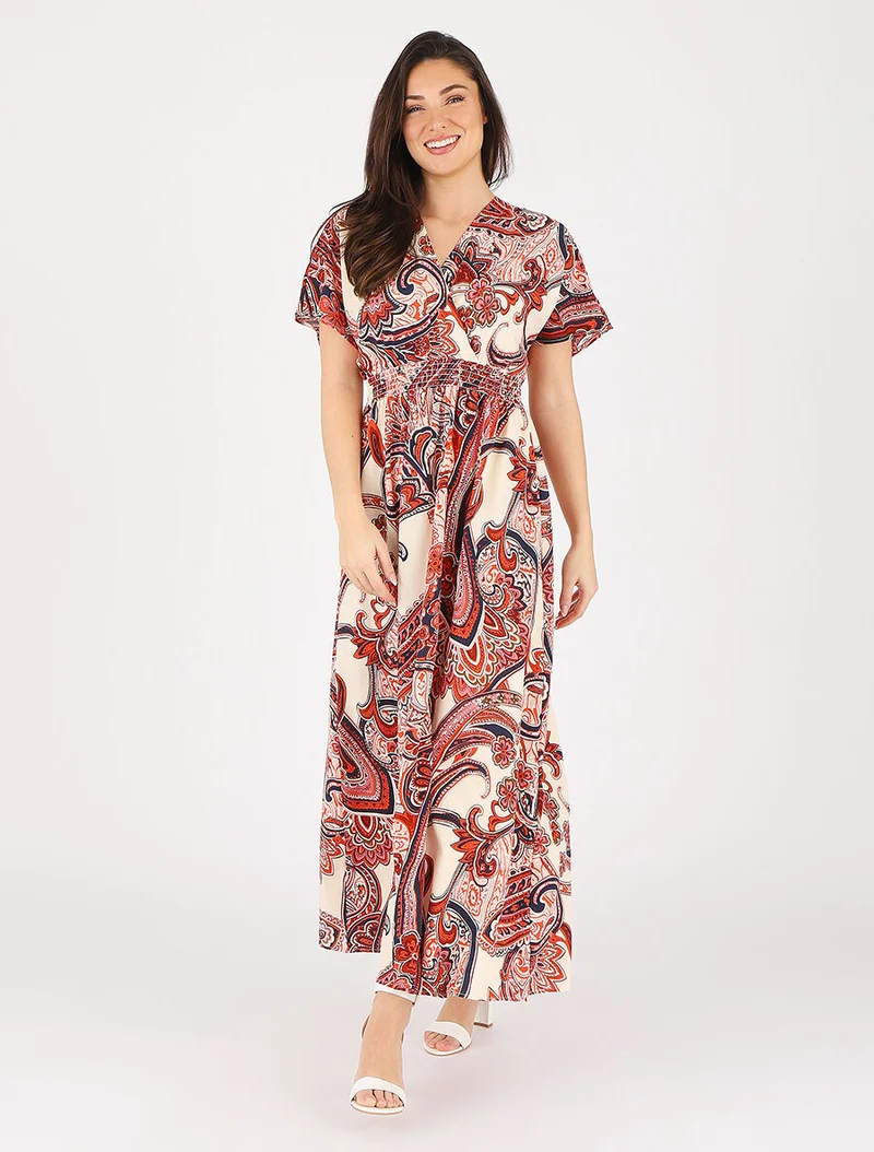 Langärmeliges Kleid mit Paisley-Muster. - Rot