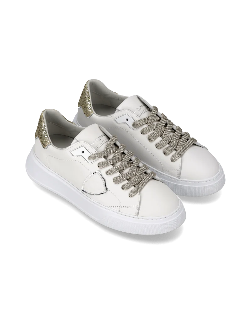Sneakers Temple Women with Glitter Heel Tab, White Gold