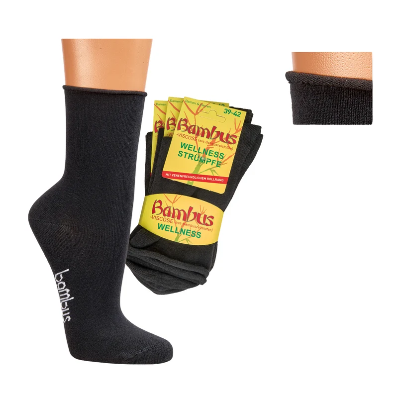 3-15 Paar Bambus Socken Herren Damen ohne Gummibund - Venenfreundliche Rollrand Schwarz