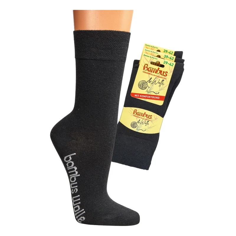 3-15 Paar Schwarze Bambus-Viskose Socken mit Wolle und Komfortbund