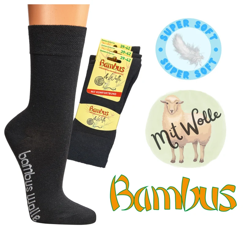 3-15 Paar Schwarze Bambus-Viskose Socken mit Wolle und Komfortbund