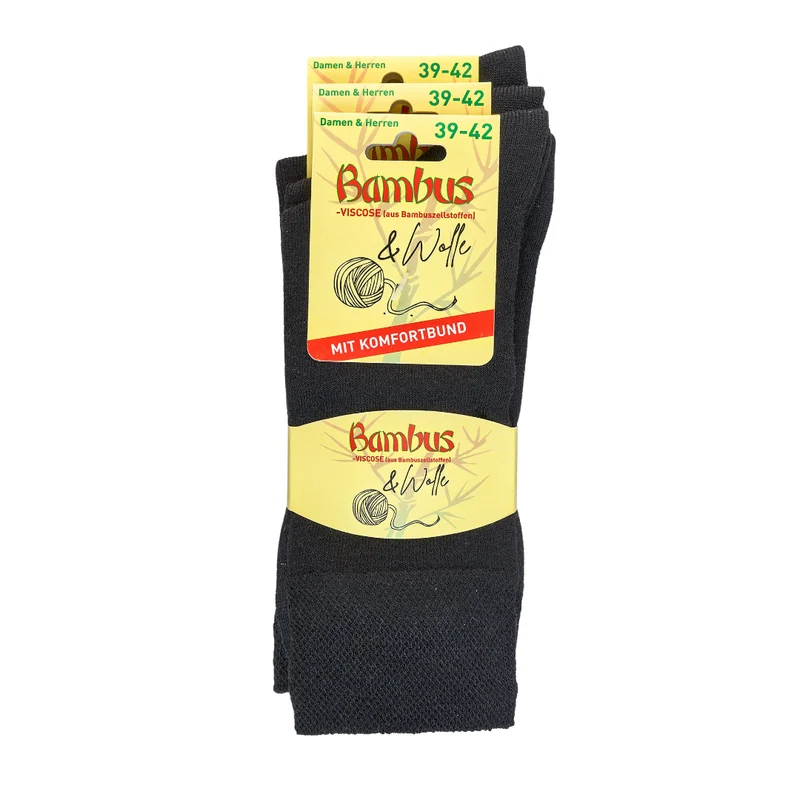 3-15 Paar Schwarze Bambus-Viskose Socken mit Wolle und Komfortbund