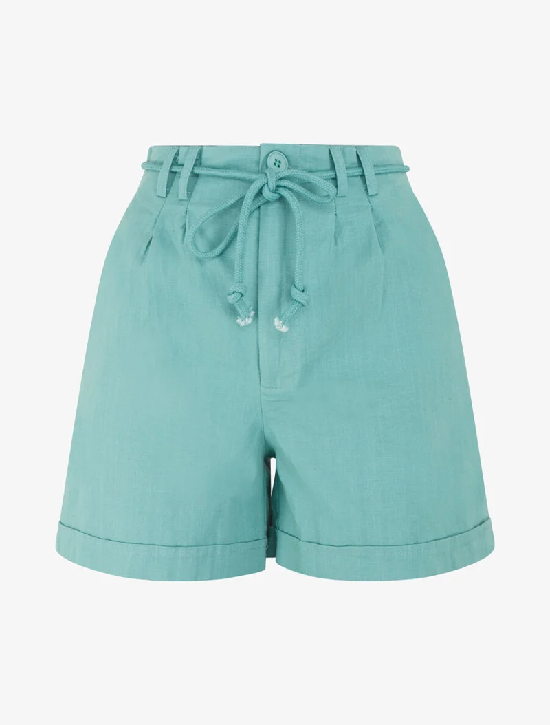 Kurze umgeschlagene Uni-Shorts in Leinenoptik - Türkis
