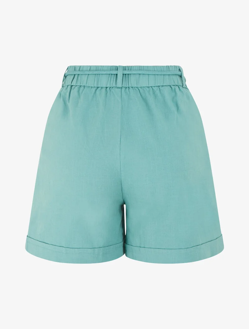 Kurze umgeschlagene Uni-Shorts in Leinenoptik - Türkis