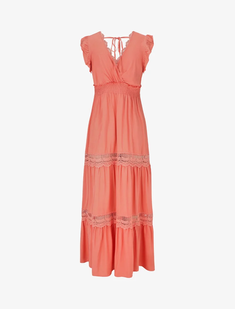 Langes, einfarbiges, durchbrochenes Kleid - Koralle
