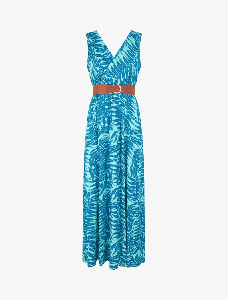 Ausgestelltes langes Kleid mit tropischem Print - Türkis