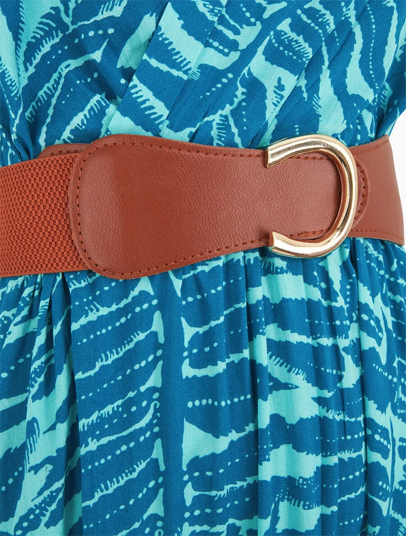 Ausgestelltes langes Kleid mit tropischem Print - Türkis