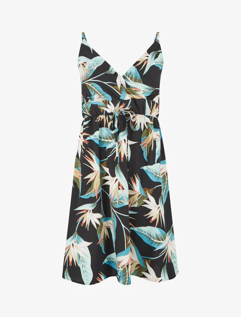 Midikleid mit Blätterdruck - Schwarz