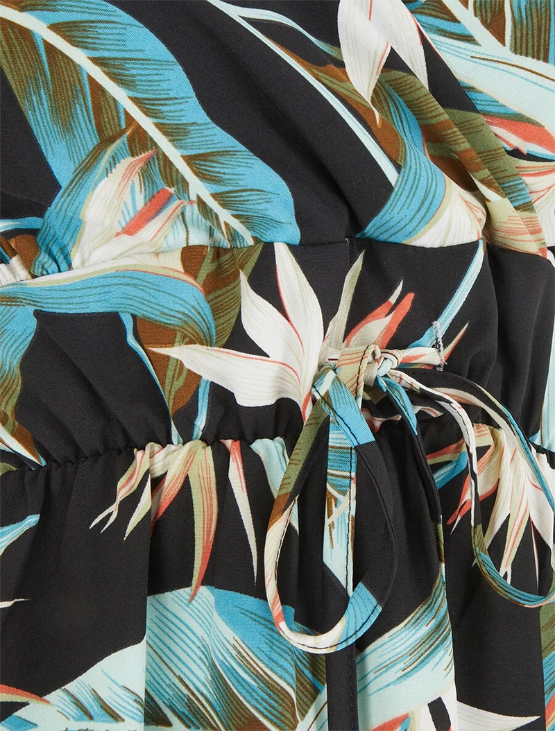 Midikleid mit Blätterdruck - Schwarz